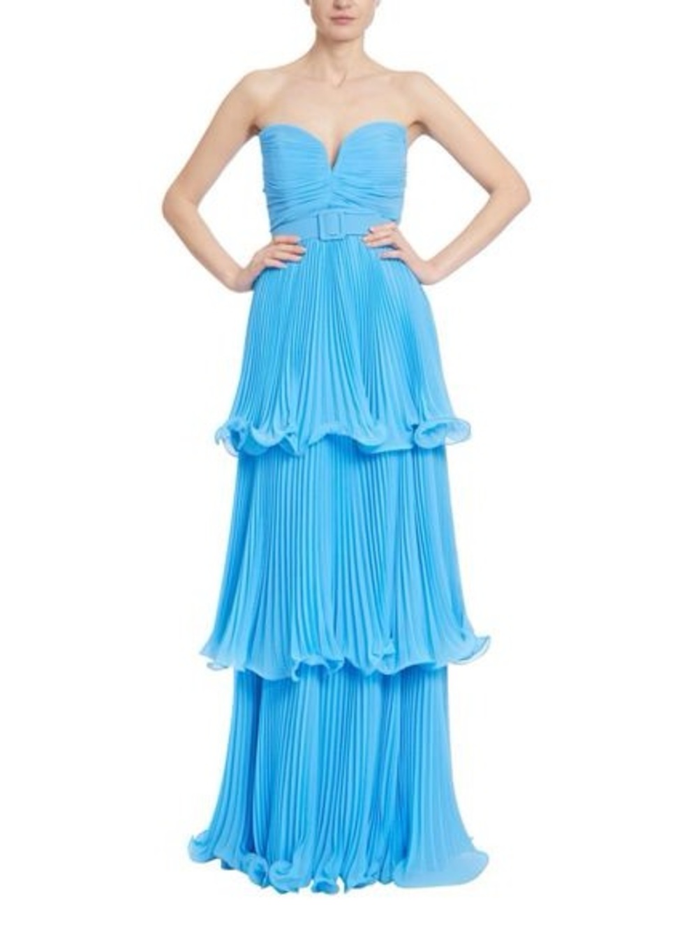 Badgley Mischka Strapless Tiered Pleated Maxi Dress - Blue